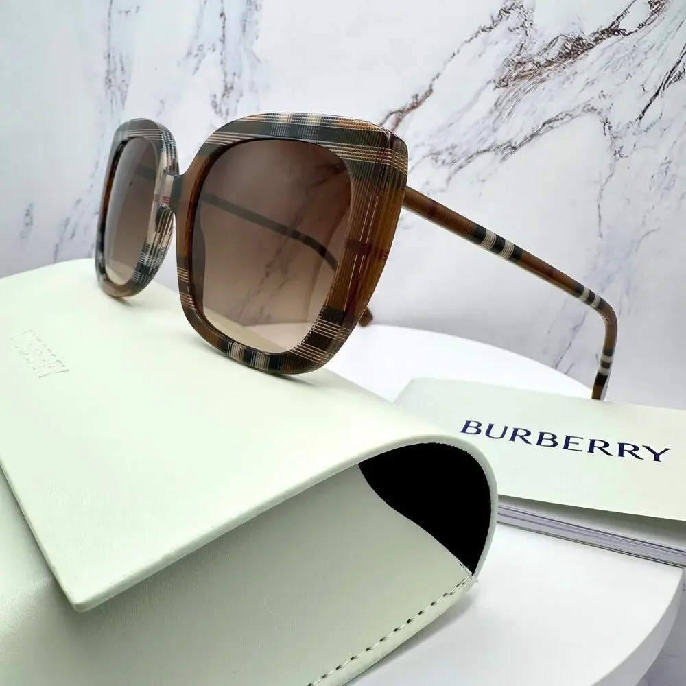 New Burberry Sunglasses Brown Check Square Frames Gradient Lens w/ Case BURBERRY